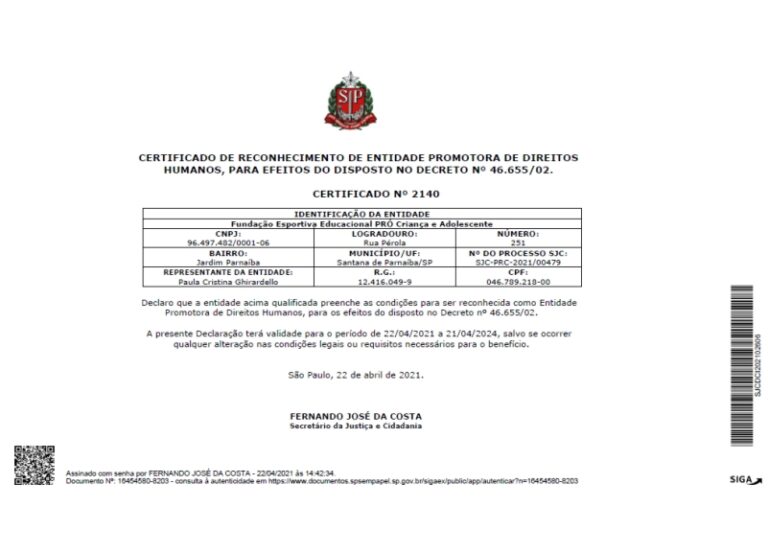 Fundação EPROCAD recebe o Certificado de Reconhecimento de Entidade Promotora de Direitos Humanos
